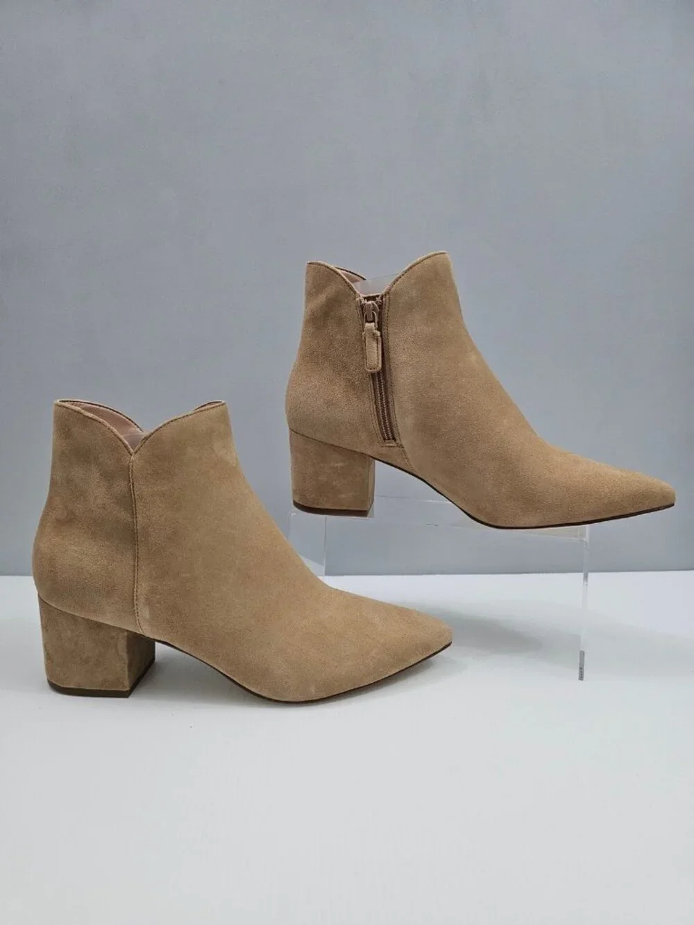 Cole Haan Elyse Ankle Boot Womens 11 Tan Suede Block Heel Pointed Toe Minimal